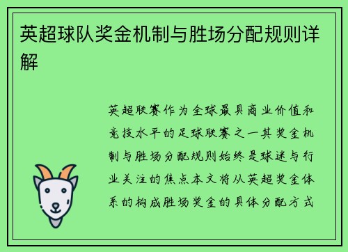 英超球队奖金机制与胜场分配规则详解