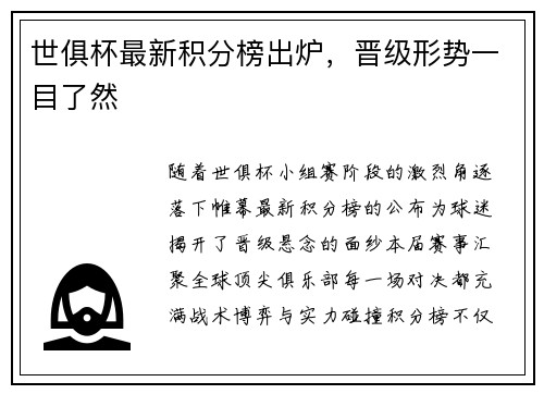 世俱杯最新积分榜出炉，晋级形势一目了然